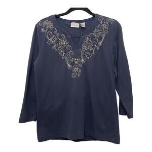 Chicos 3/4 Sleeve Embroidered T-Shirt Top Blouse Chico 1 = Medium Blue